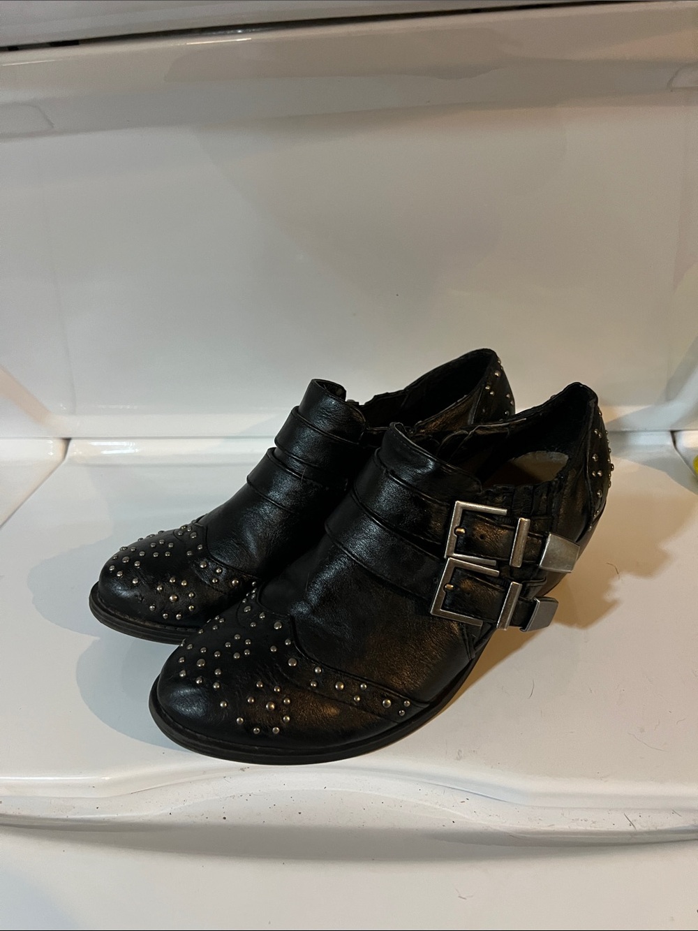 Ruff Hewn Black Studded Leather Buckle Ankle Booties